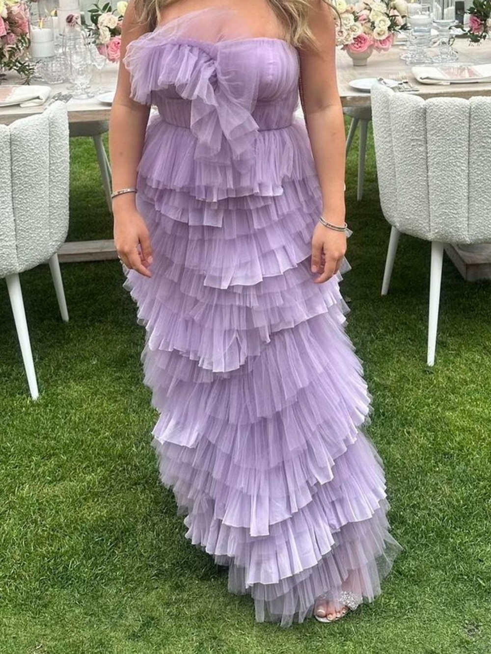 geisha designs lavender ruffle tulle maxi dress strapless – size medium